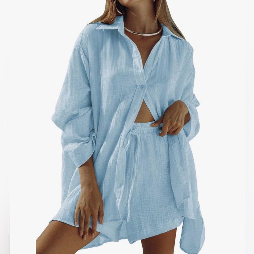 VamJump 2 Piece Long Sleeve Button Down Shirt and Shorts